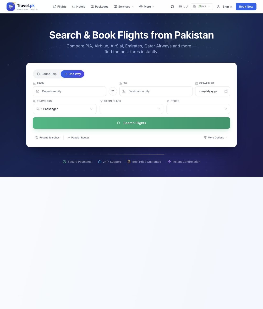 Travel.pk homepage flight booking search screenshot