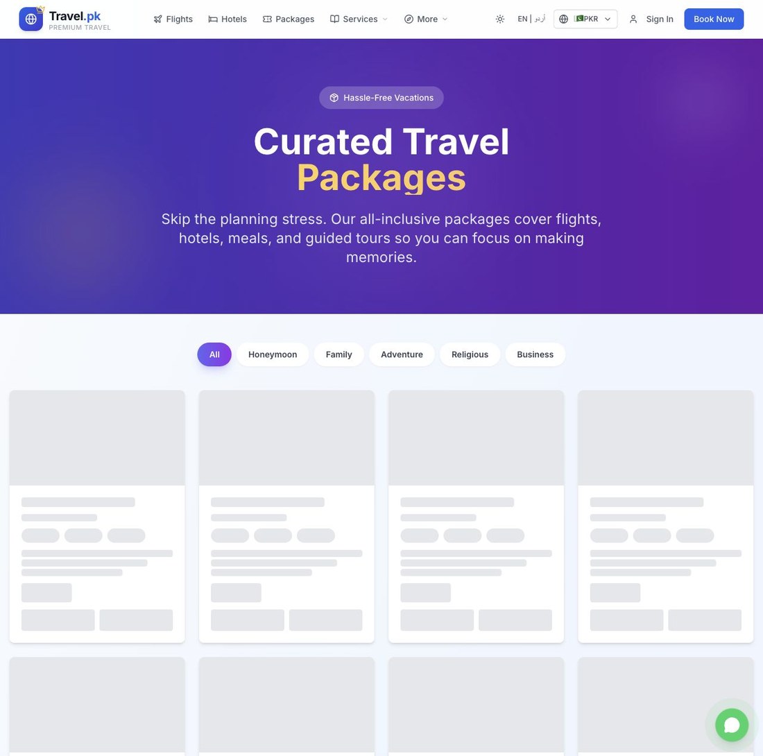 Travel.pk packages page screenshot showing curated travel packages